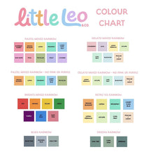 Load image into Gallery viewer, Color chart with various color swatches labeled by Little Leo &amp; Co.
